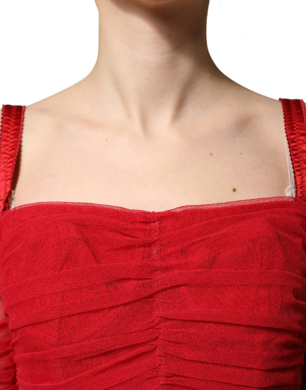 Dolce & Gabbana Red Cotton Ruched Stretch Tulle Midi Dress