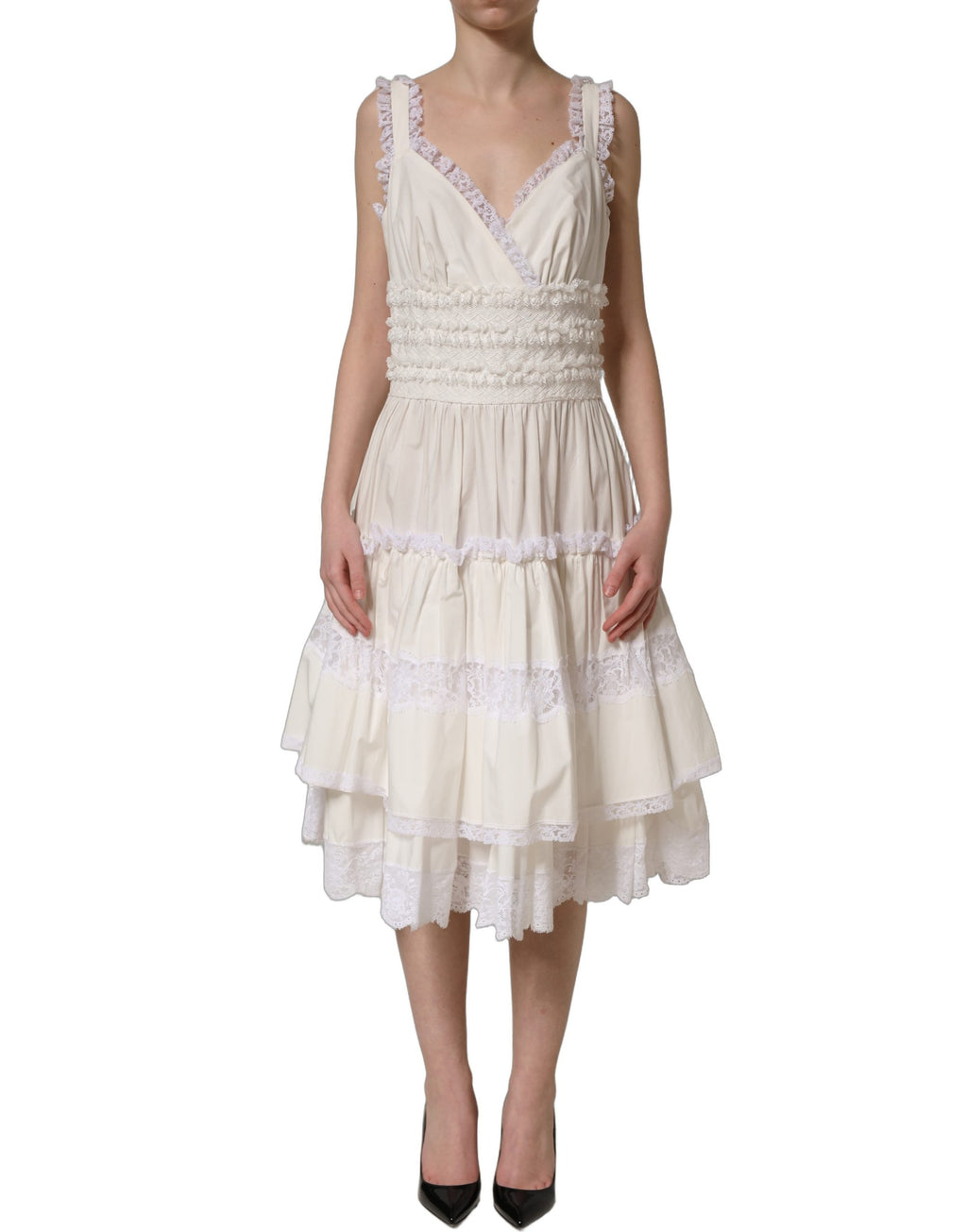 Dolce & Gabbana White Cotton Poplin Ruffled Midi Dress
