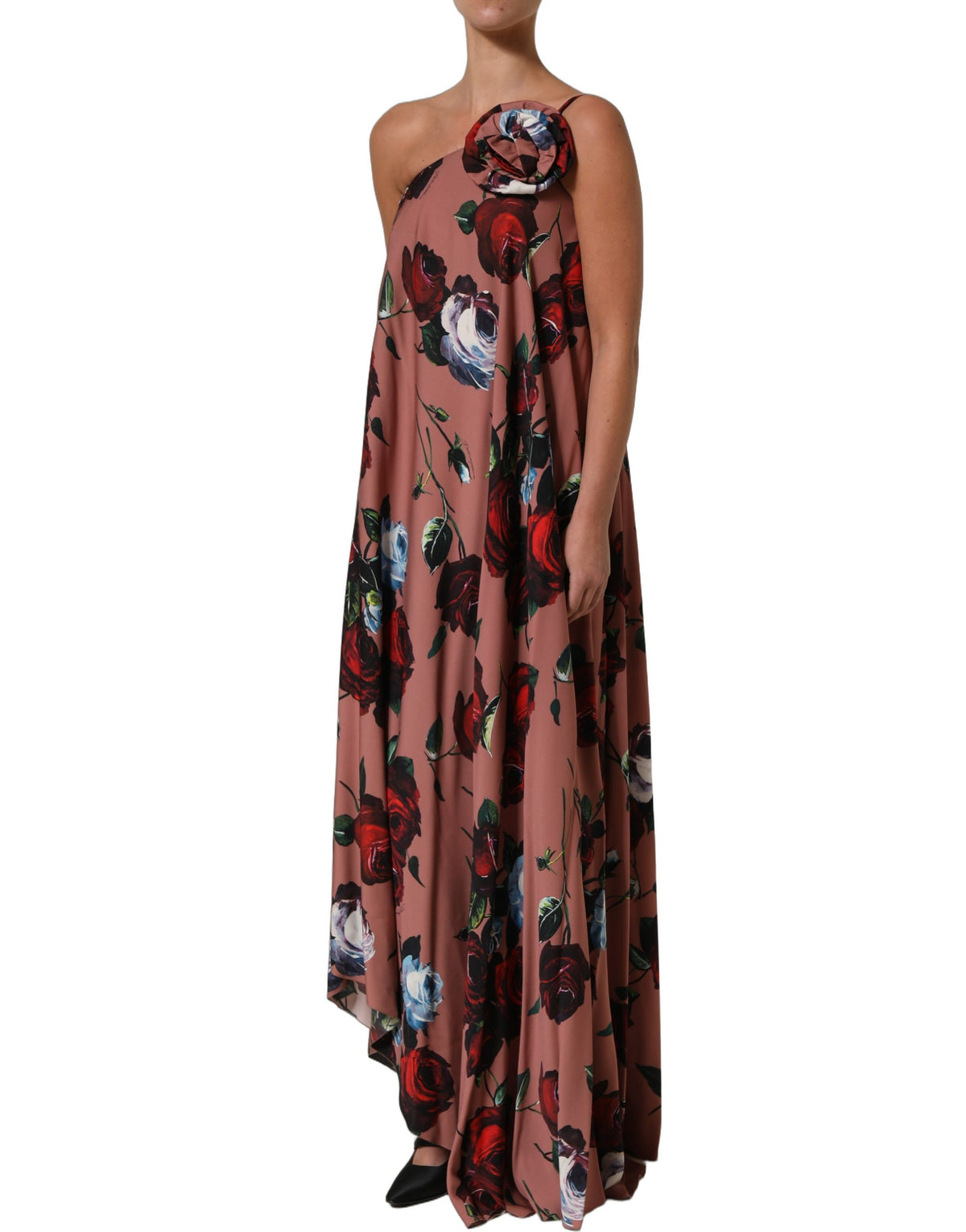 Dolce & Gabbana Dusty Pink Silk Floral OneShoulder Maxi Dress