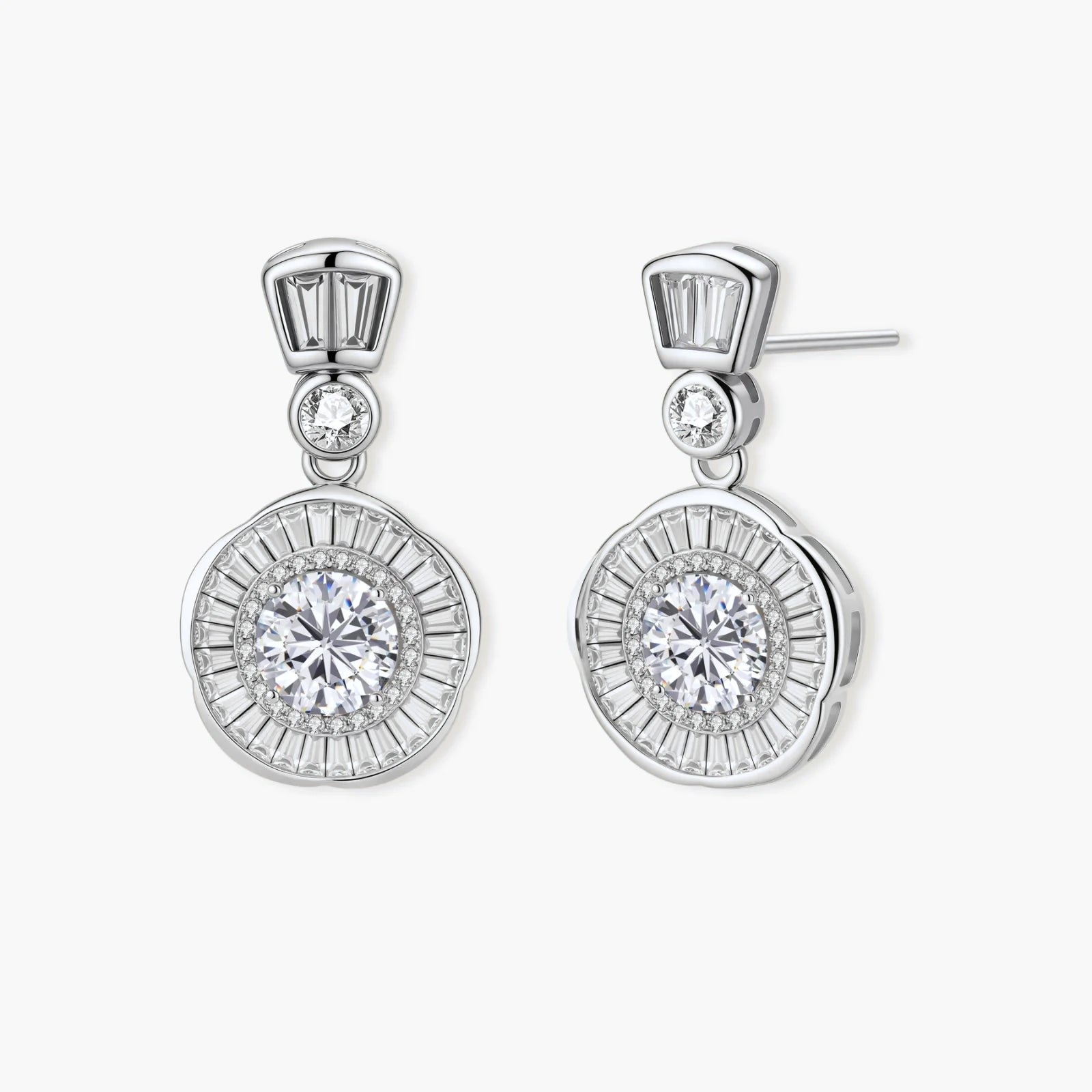 Art Deco-inspired sterling silver drop earrings with tiered moissanite stones in geometric sunburst design