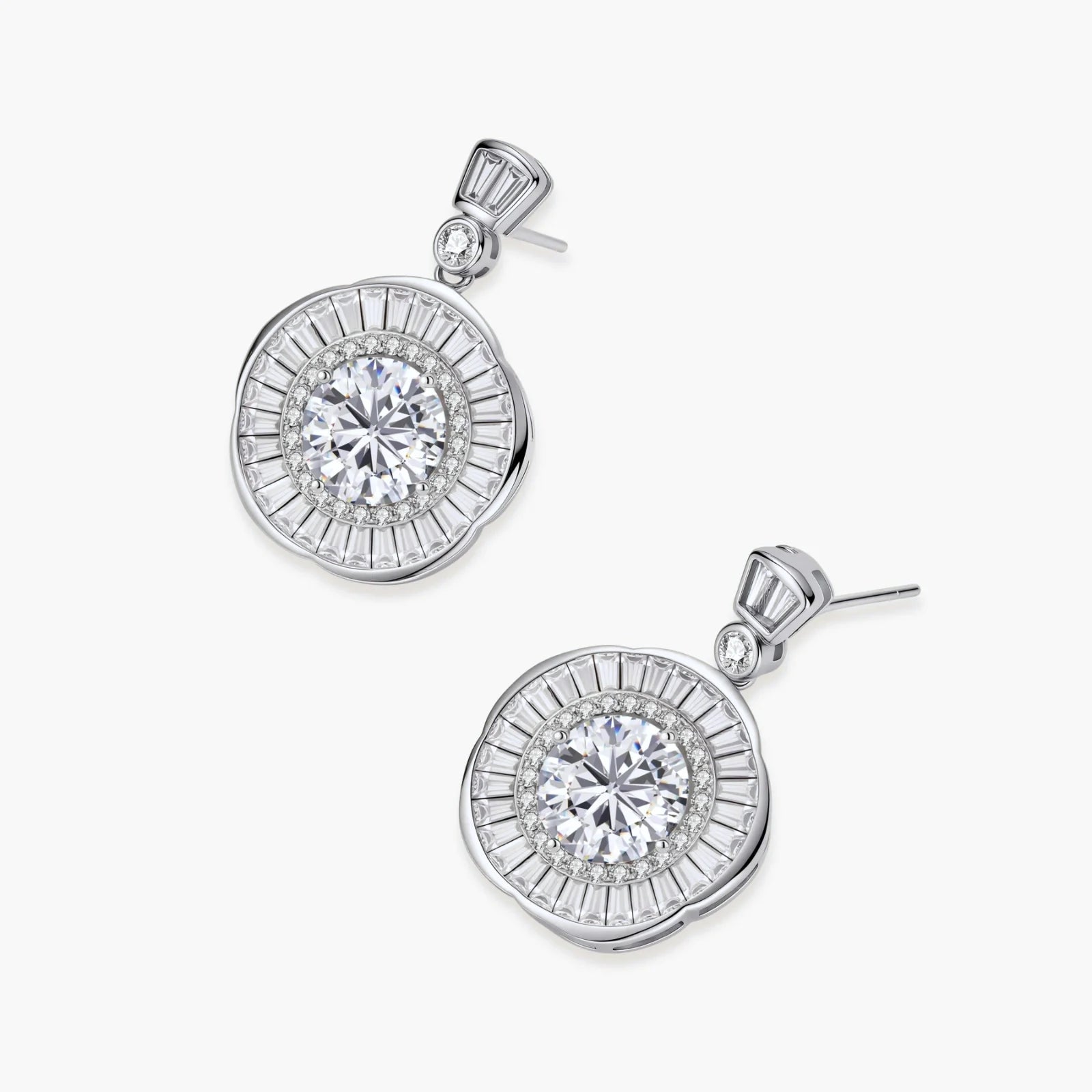 Art Deco-inspired sterling silver drop earrings with tiered moissanite stones in geometric sunburst design
