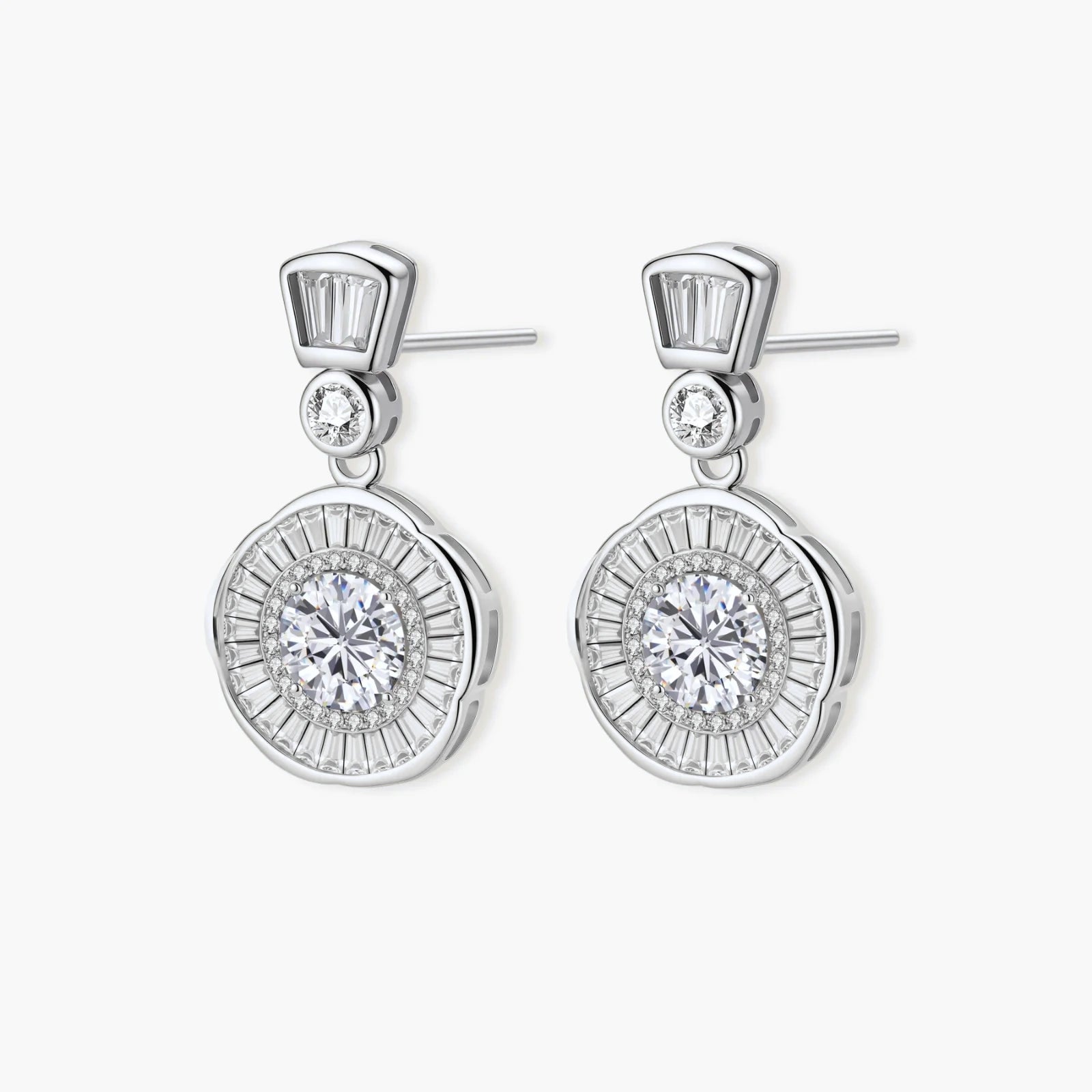 Art Deco-inspired sterling silver drop earrings with tiered moissanite stones in geometric sunburst design