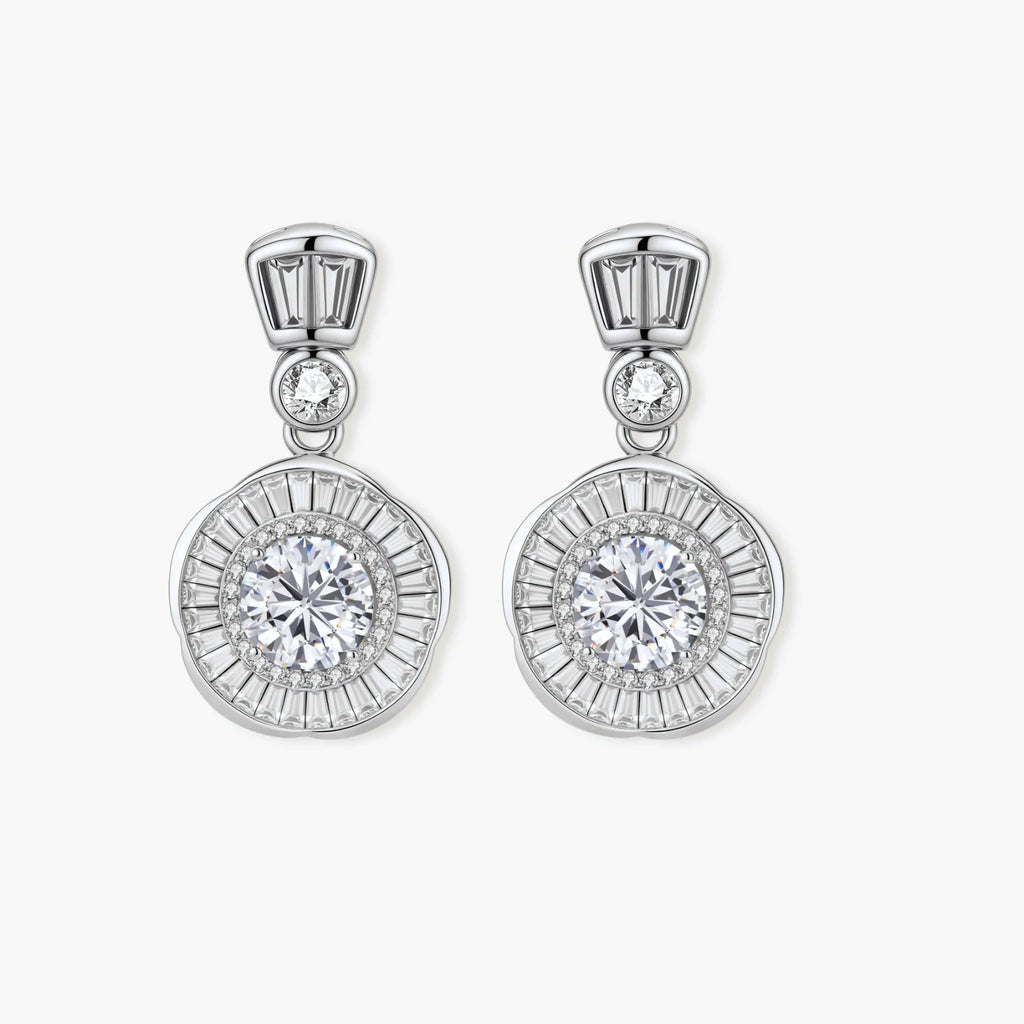 Art Deco-inspired sterling silver drop earrings with tiered moissanite stones in geometric sunburst design