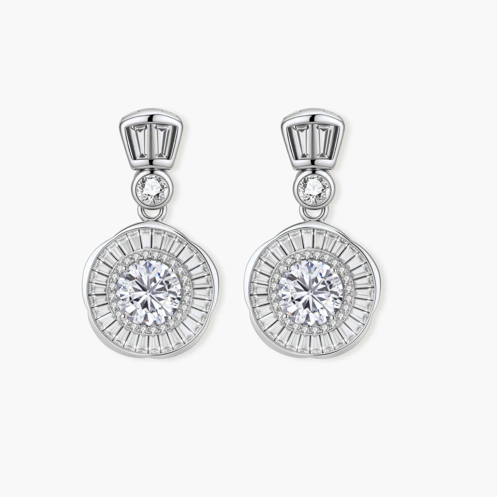 Art Deco-inspired sterling silver drop earrings with tiered moissanite stones in geometric sunburst design