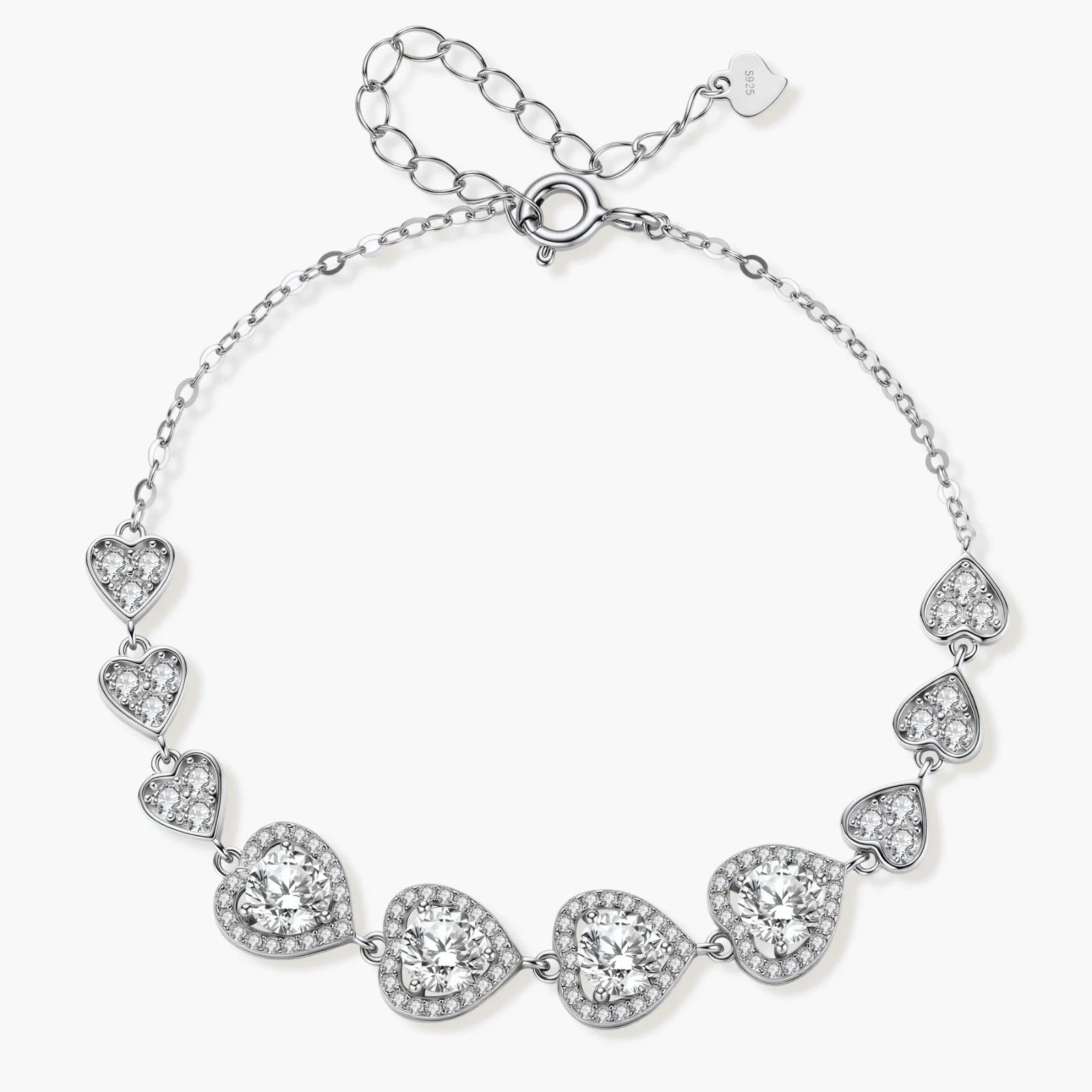 Sterling silver bracelet with graduated heart-shaped links and sparkling moissanite stones in VVS1 clarity on white background.