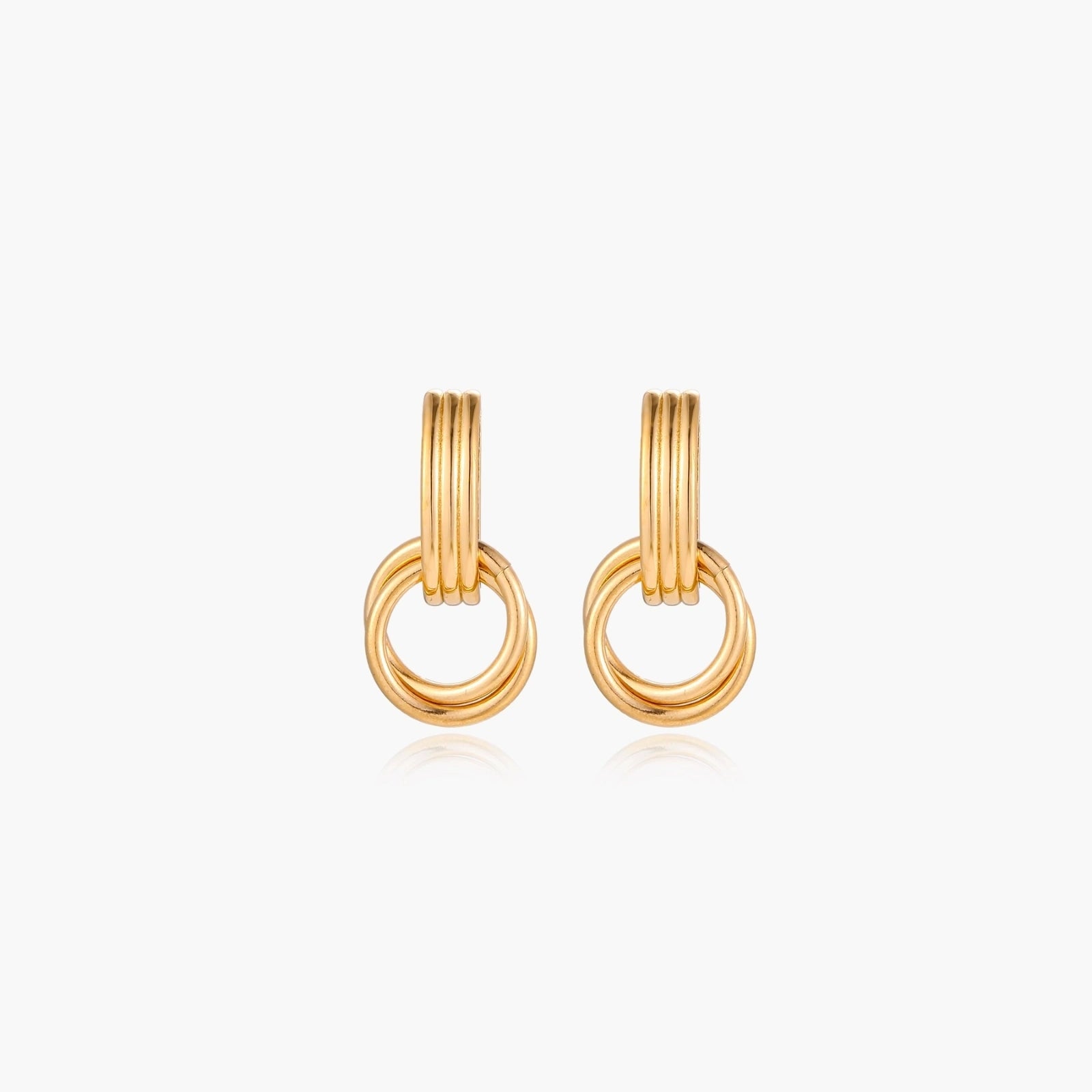 Gold stud earrings with vertical ridged bar connecting to triple interlocking circular rings on white background