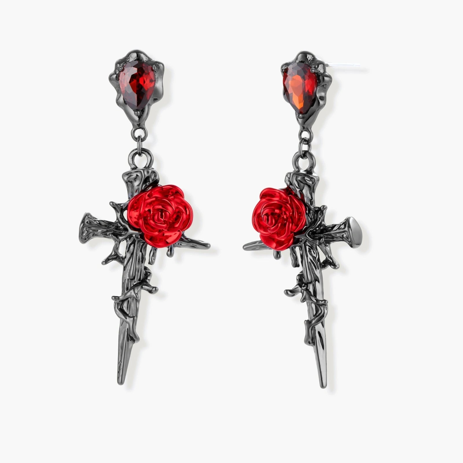Gothic jewelry set with dark metal thorny cross pendants featuring red enamel roses and matching red crystal earrings