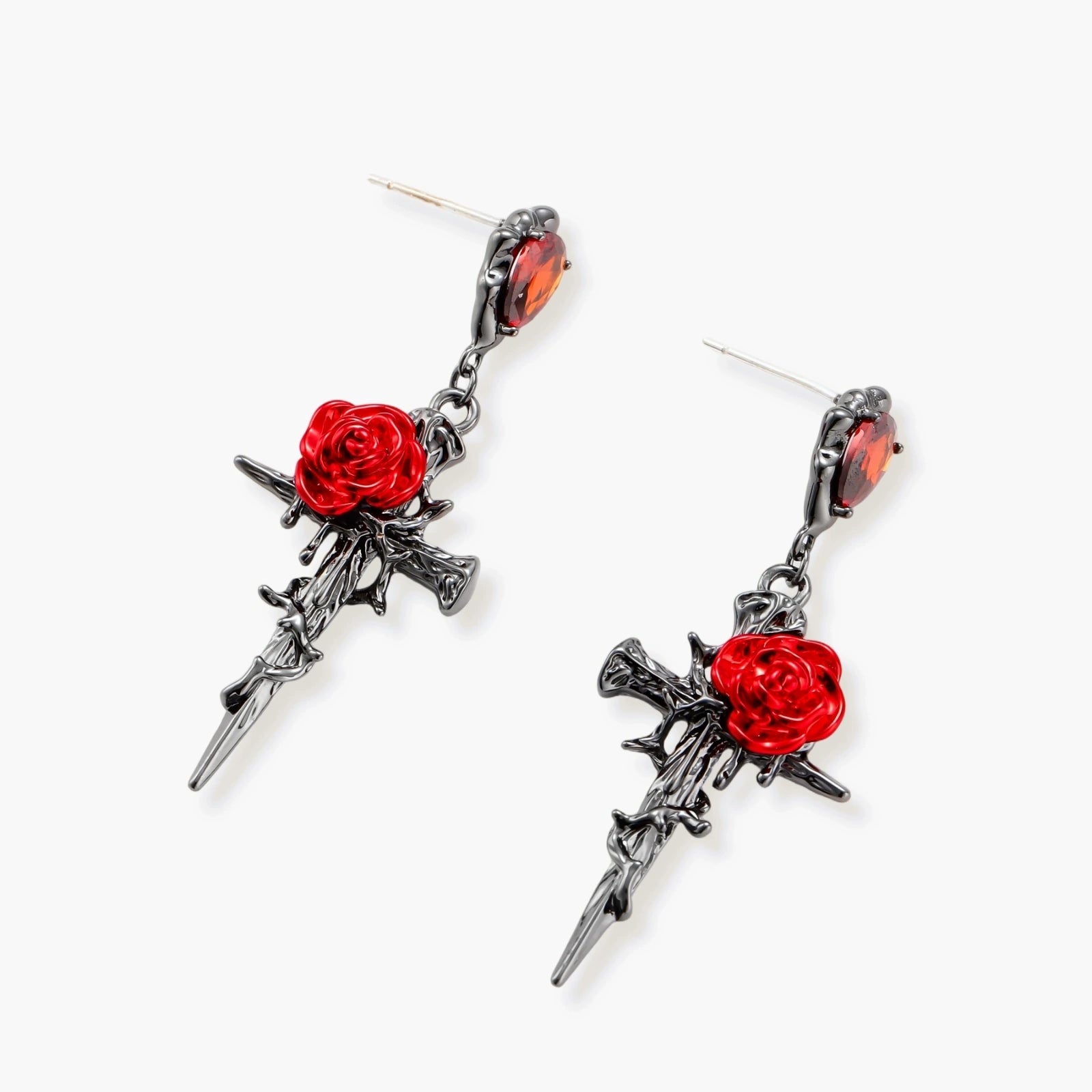 Gothic jewelry set with dark metal thorny cross pendants featuring red enamel roses and matching red crystal earrings