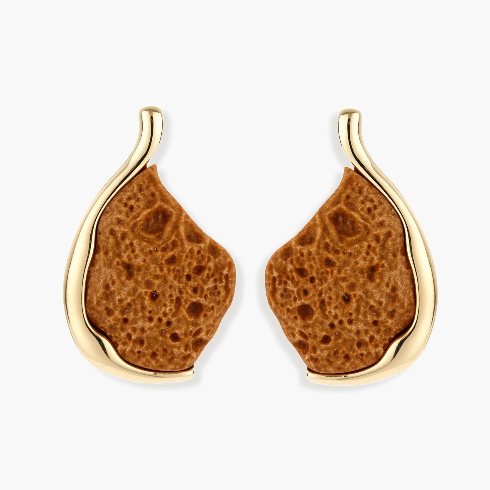Textured brown resin drop earrings with gold-toned zinc alloy frames and sterling silver posts on white background.