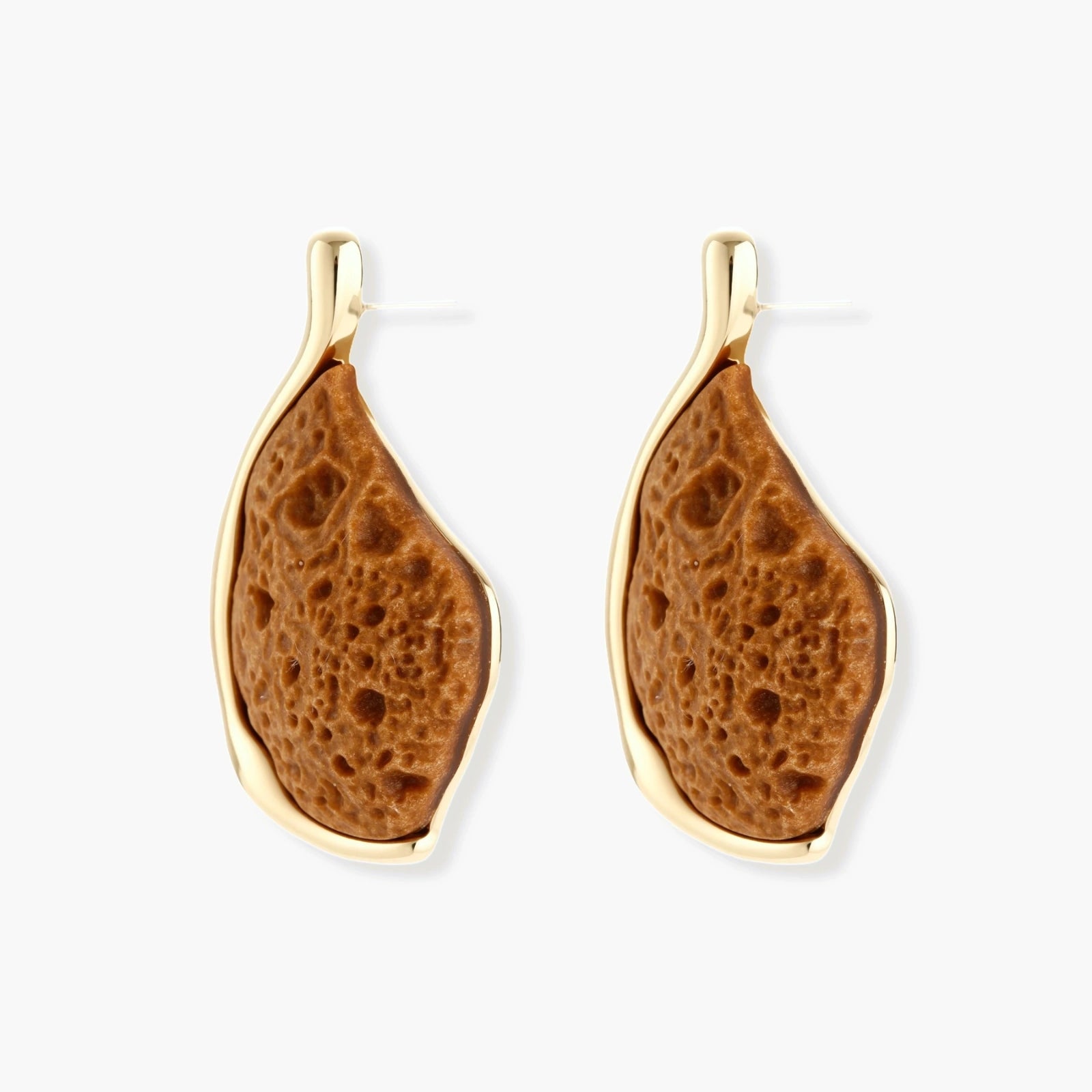 Textured brown resin drop earrings with gold-toned zinc alloy frames and sterling silver posts on white background.
