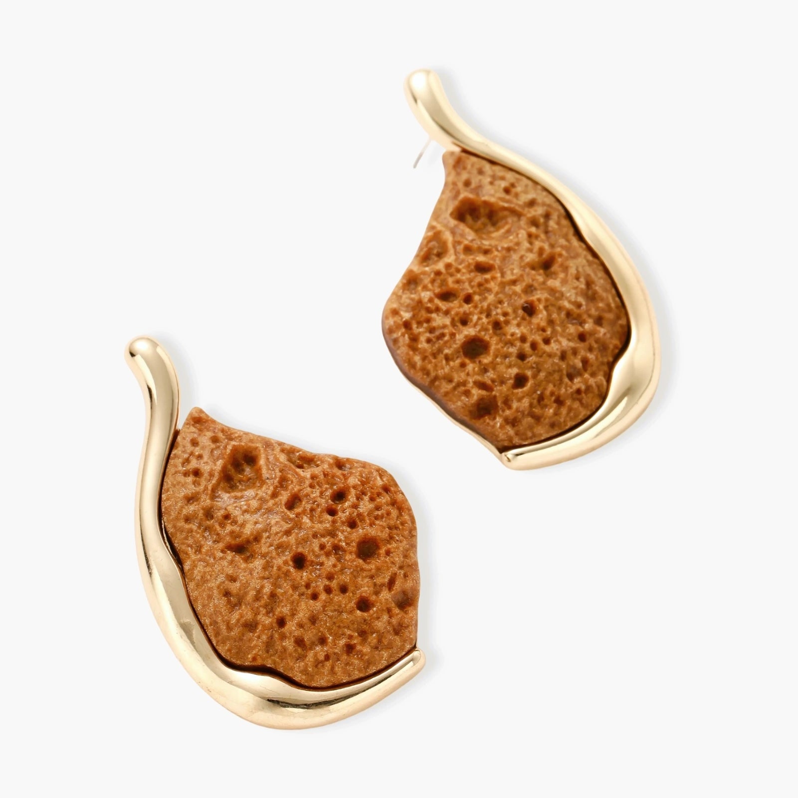 Textured brown resin drop earrings with gold-toned zinc alloy frames and sterling silver posts on white background.