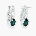 Organic-shaped stud earrings with hammered silver finish and green malachite-pattern resin stones on white background.
