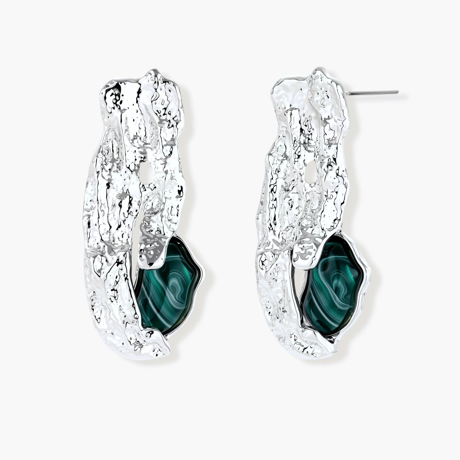 Organic-shaped stud earrings with hammered silver finish and green malachite-pattern resin stones on white background.