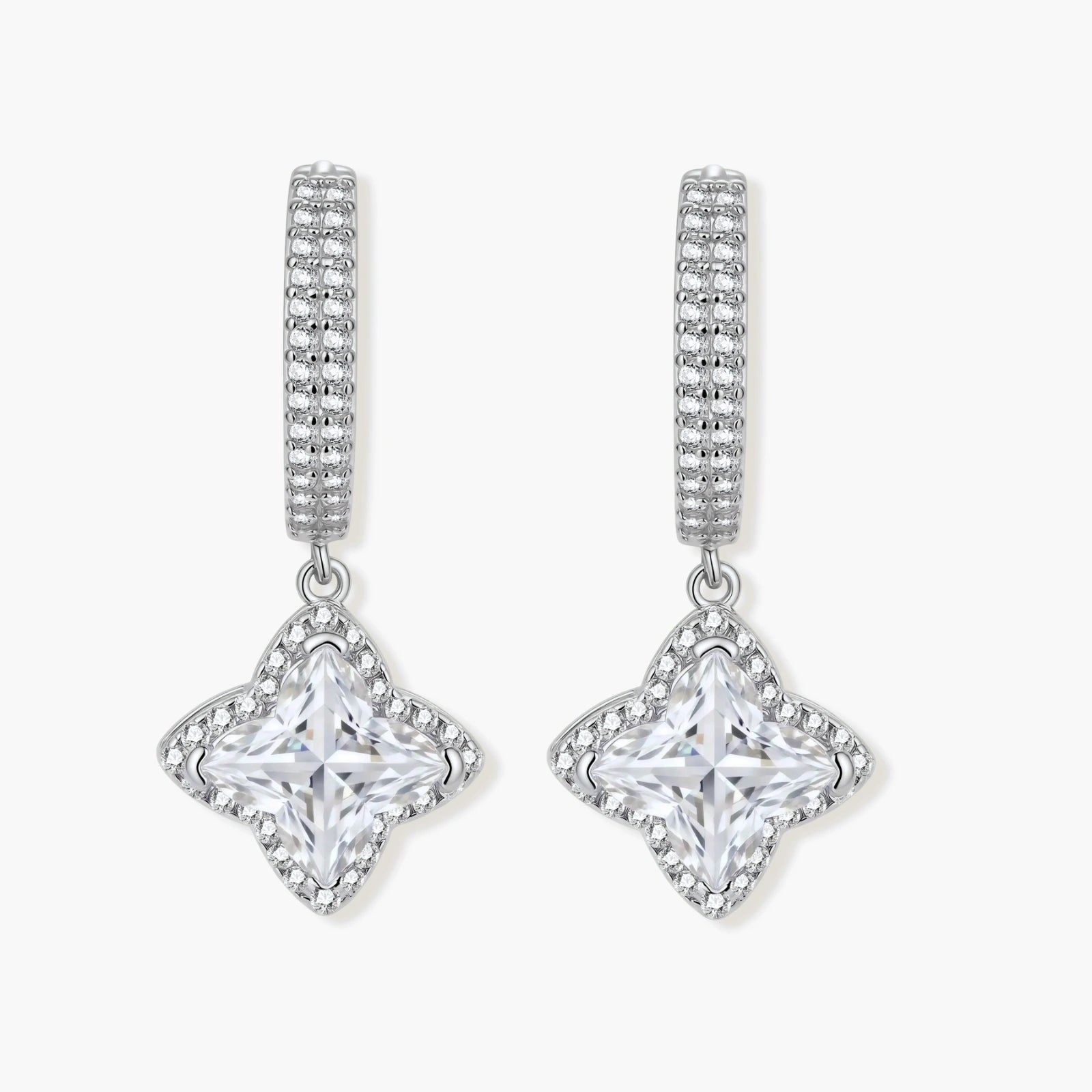 Sterling silver huggie hoops with geometric diamond-shaped moissanite dangles featuring pavé crystal details
