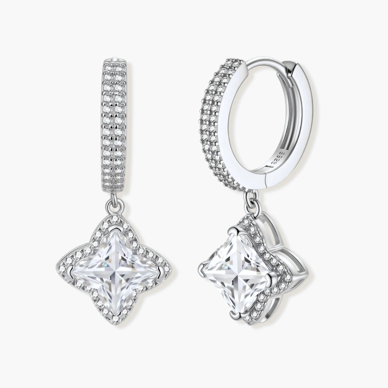 Sterling silver huggie hoops with geometric diamond-shaped moissanite dangles featuring pavé crystal details