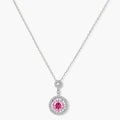 Sterling silver pendant necklace with pink moissanite center stone and clear crystal halo setting on neutral background.