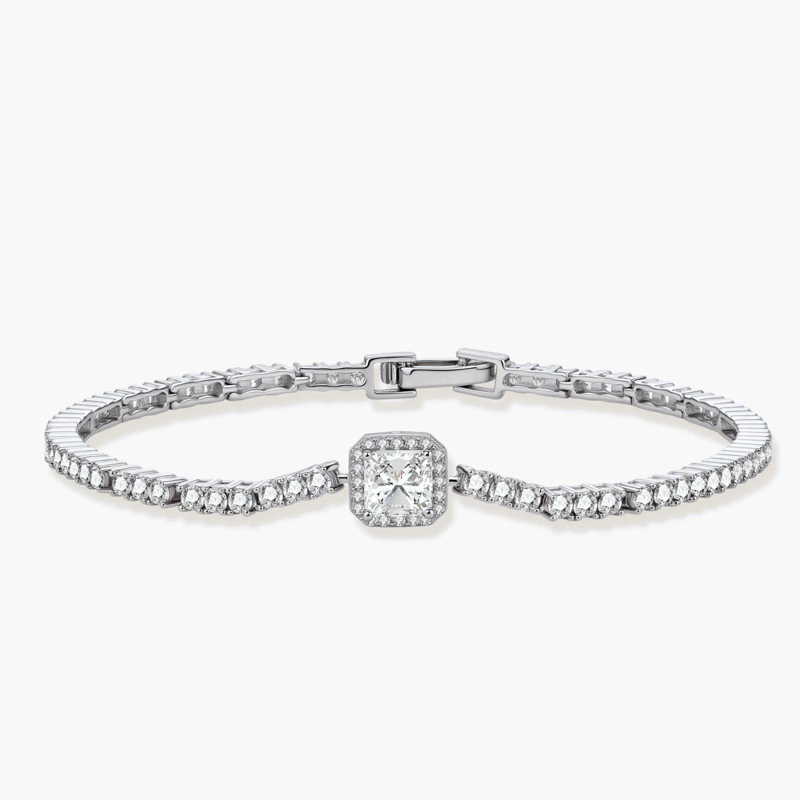Sterling silver tennis bracelet with cushion-cut moissanite centerpiece surrounded by smaller stones in continuous setting