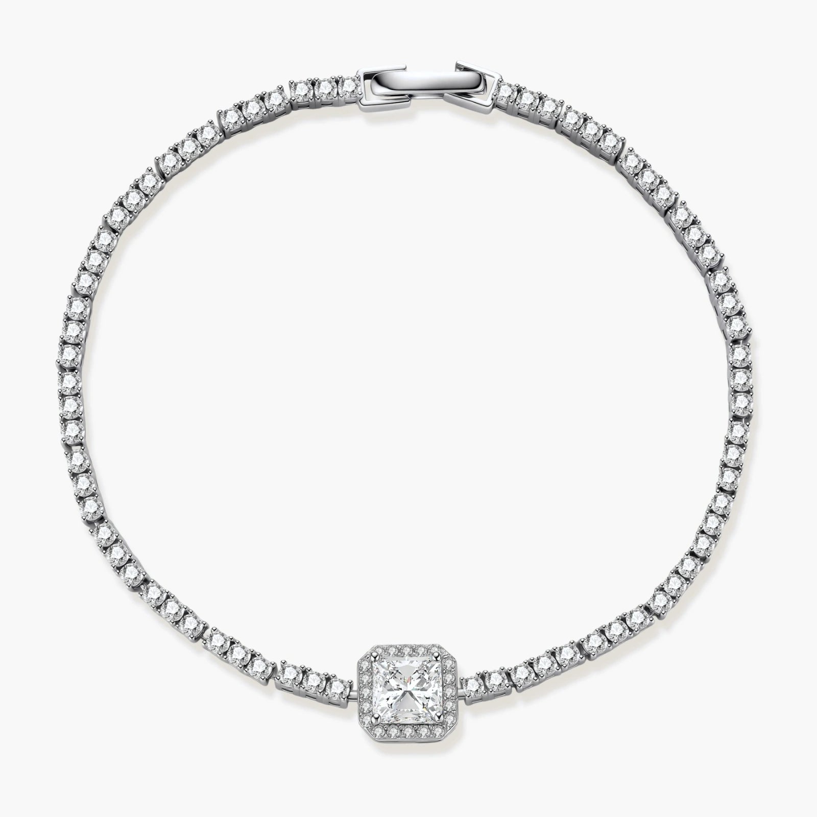 Sterling silver tennis bracelet with cushion-cut moissanite centerpiece surrounded by smaller stones in continuous setting