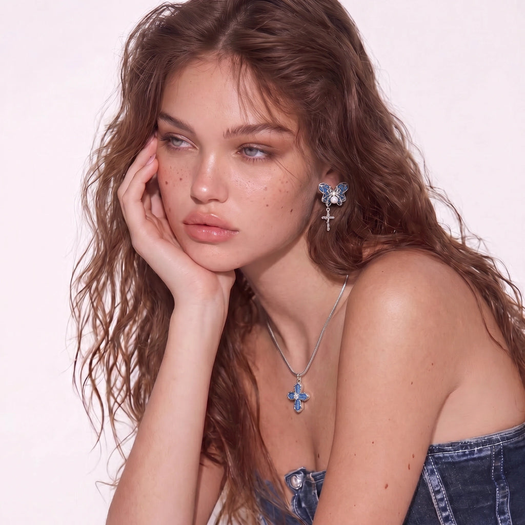Denim Cross Necklace