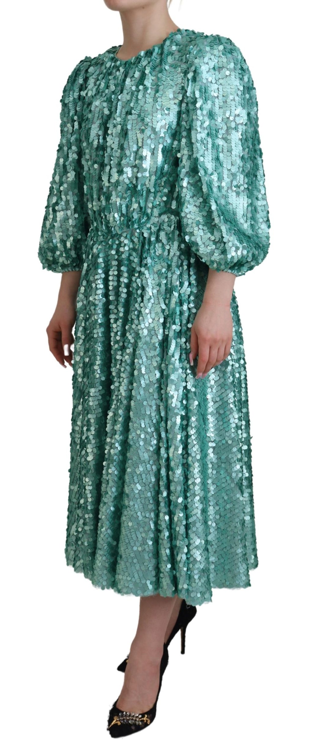 Dolce & Gabbana Blue Sequined Pleated Aline Midi Nylon Dress